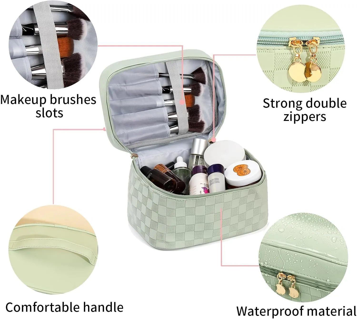 Checkered Makeup Bag 4 Pcs Waterproof Cosmetic Bag Set Portable Travel Cosmetic Bag Multifunction Organizer Storage Bag Toiletry Bag forWomen and Girls (GREEN1)