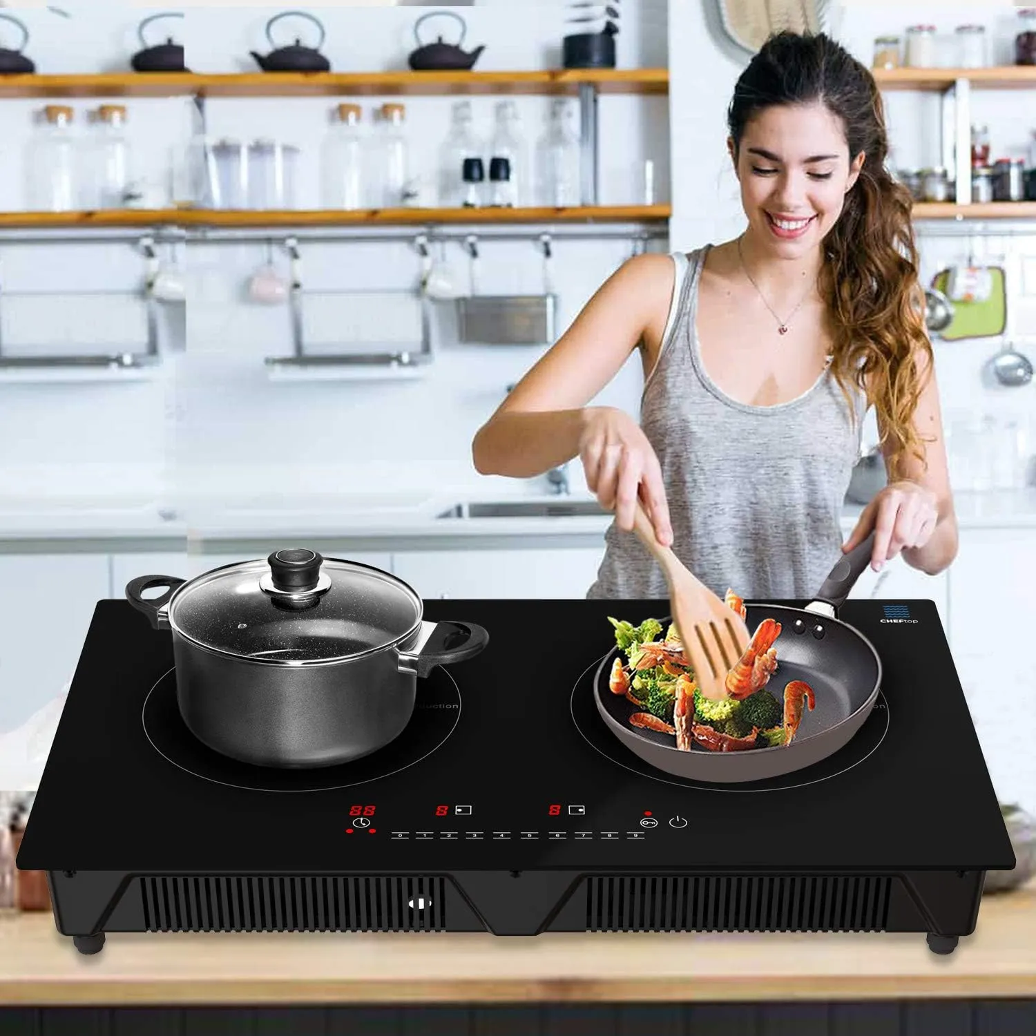 Cheftop Induction Cooktop Portable Induction Burners 120V Digital Ceramic Top with Kids Safety Lock,1800 Watt, Touch Sensor Control Multiple Cooking Zones & Levels (Double Burner)