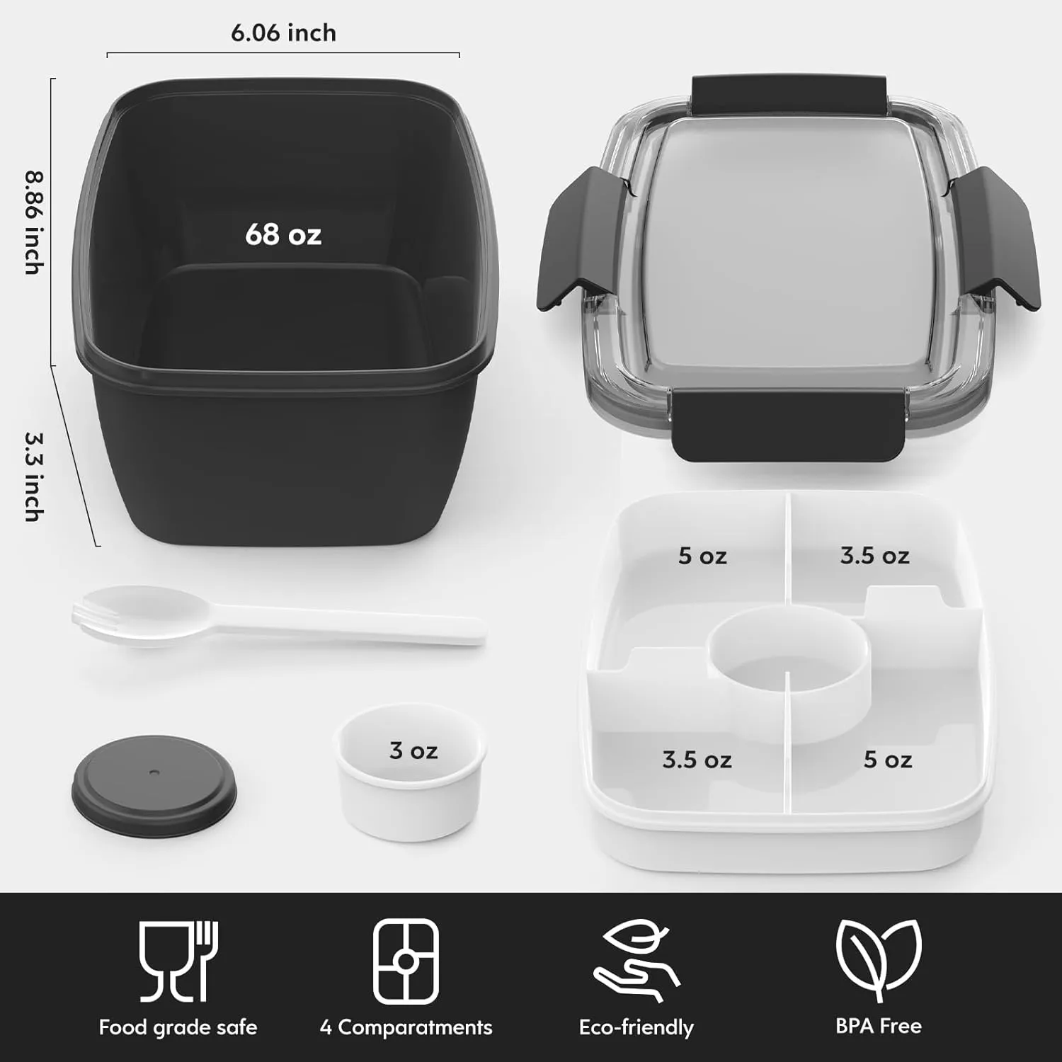 Cherrysea 2Pack Salad Lunch Container, 68oz Salad Bowls with 4 Compartments Tray,Leak Proof Lunch Box with Fork for Men,Women BPA-Free Snack Container with Sauce Container for Dressings - Black