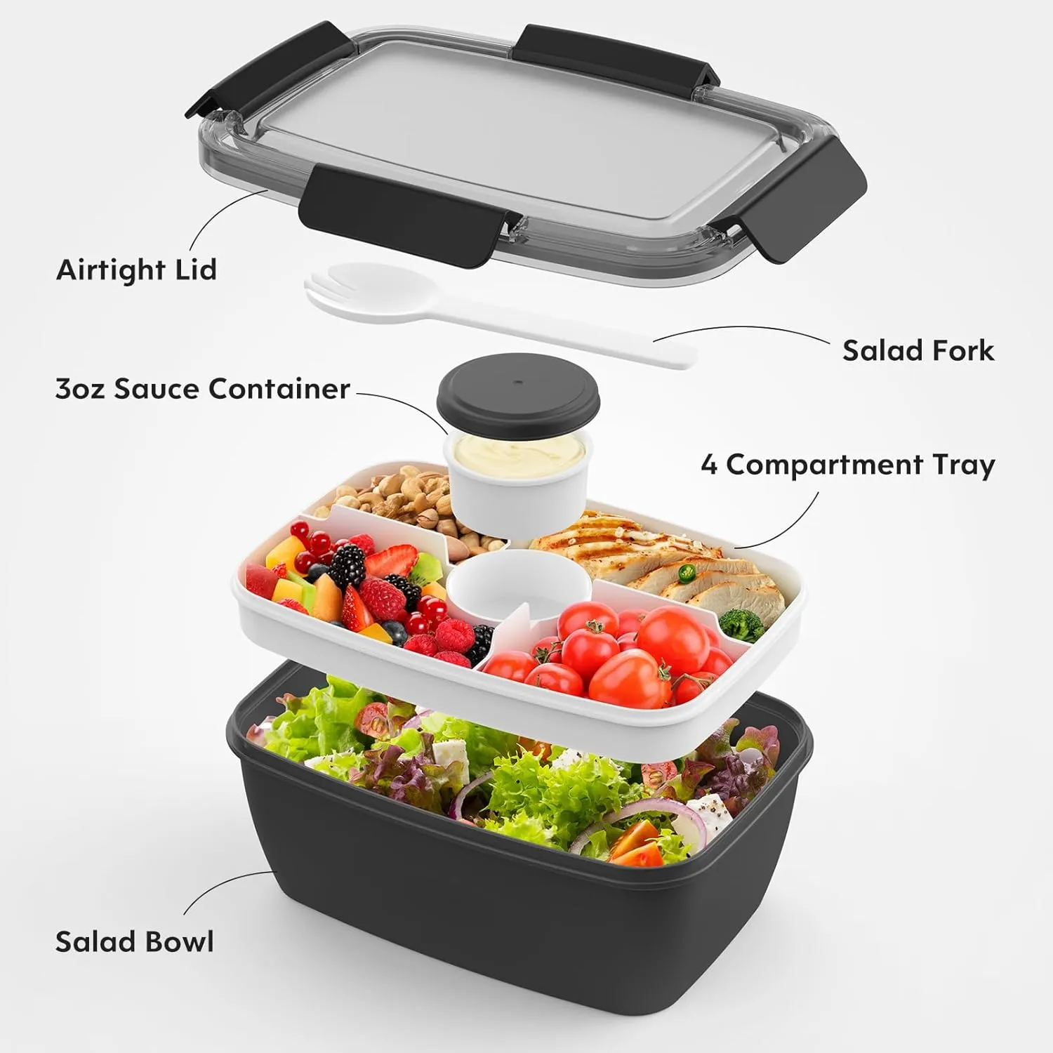 Cherrysea 2Pack Salad Lunch Container, 68oz Salad Bowls with 4 Compartments Tray,Leak Proof Lunch Box with Fork for Men,Women BPA-Free Snack Container with Sauce Container for Dressings - Black