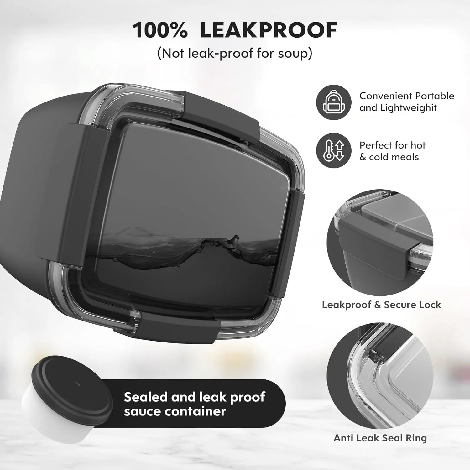 Cherrysea 2Pack Salad Lunch Container, 68oz Salad Bowls with 4 Compartments Tray,Leak Proof Lunch Box with Fork for Men,Women BPA-Free Snack Container with Sauce Container for Dressings - Black