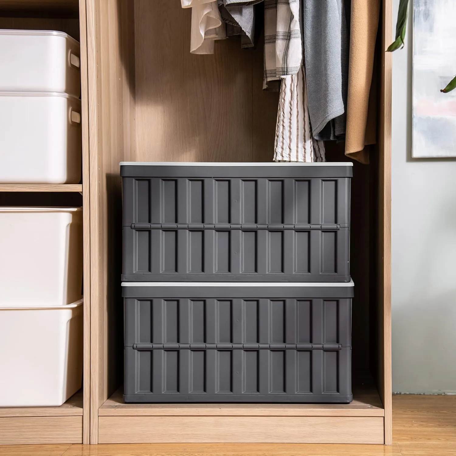 Citylife 64L Collapsible Storage Bins with Lids Plastic Storage Containers for Organizing Stackable Storage Box Large Heavy Duty Utility Crates, 2 Packs