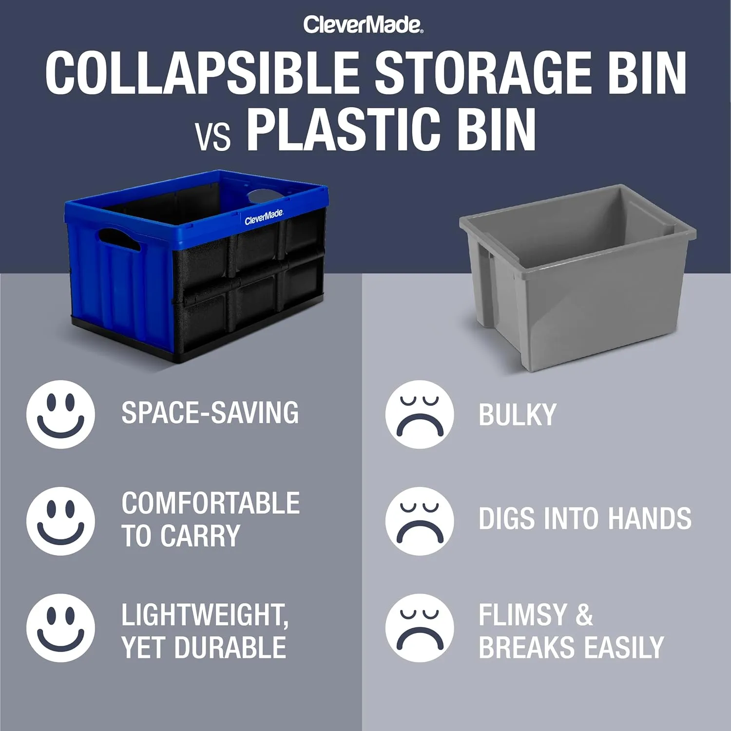 CleverMade Collapsible Storage Bins - Royal Blue 3 Pack 62L - Stackable Containers Heavy Duty Capacity Folding Crates - Space-Saving for Home