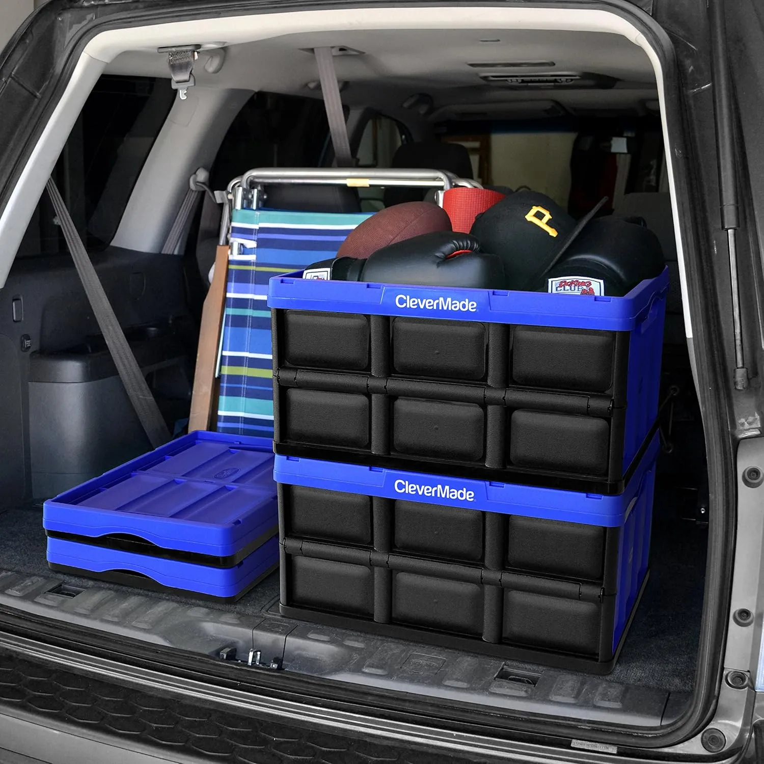 CleverMade Collapsible Storage Bins - Royal Blue 3 Pack 62L - Stackable Containers Heavy Duty Capacity Folding Crates - Space-Saving for Home