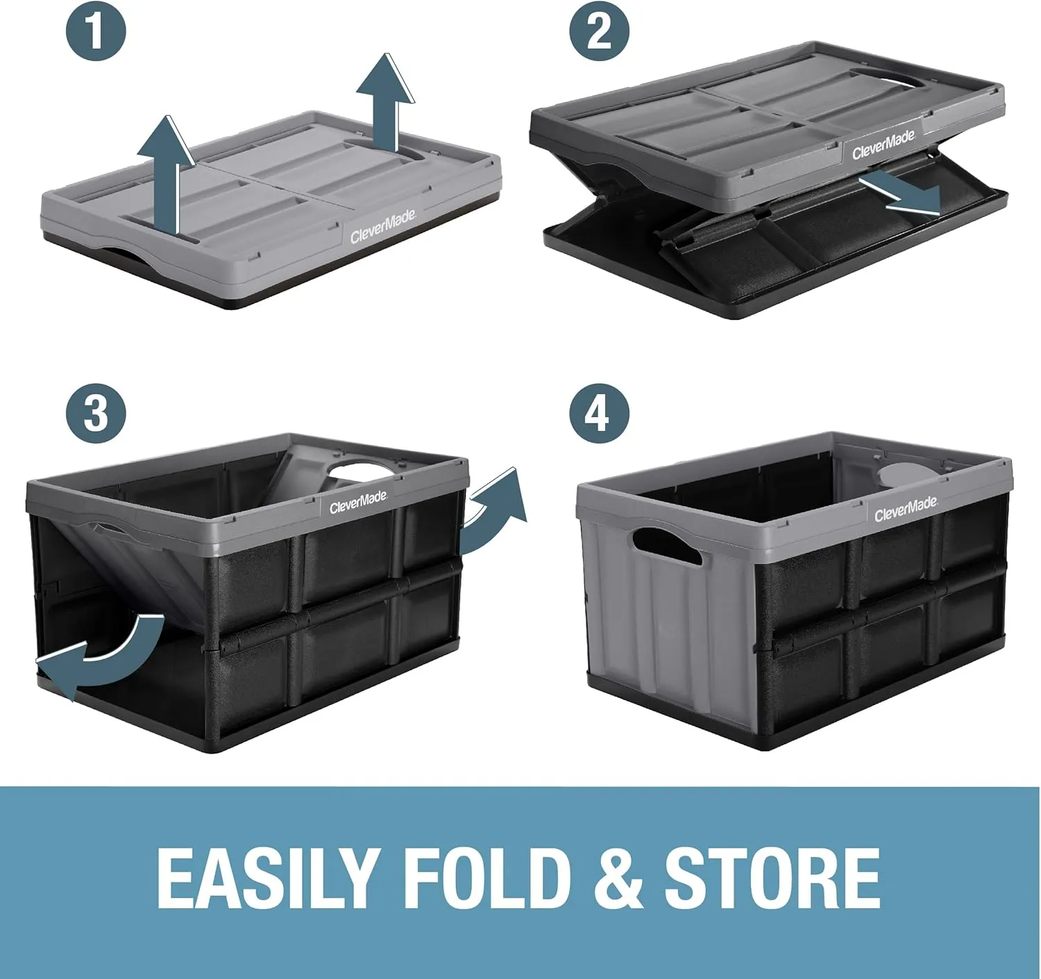 CleverMade Collapsible Storage Bins - Royal Blue 3 Pack 62L - Stackable Containers Heavy Duty Capacity Folding Crates - Space-Saving for Home