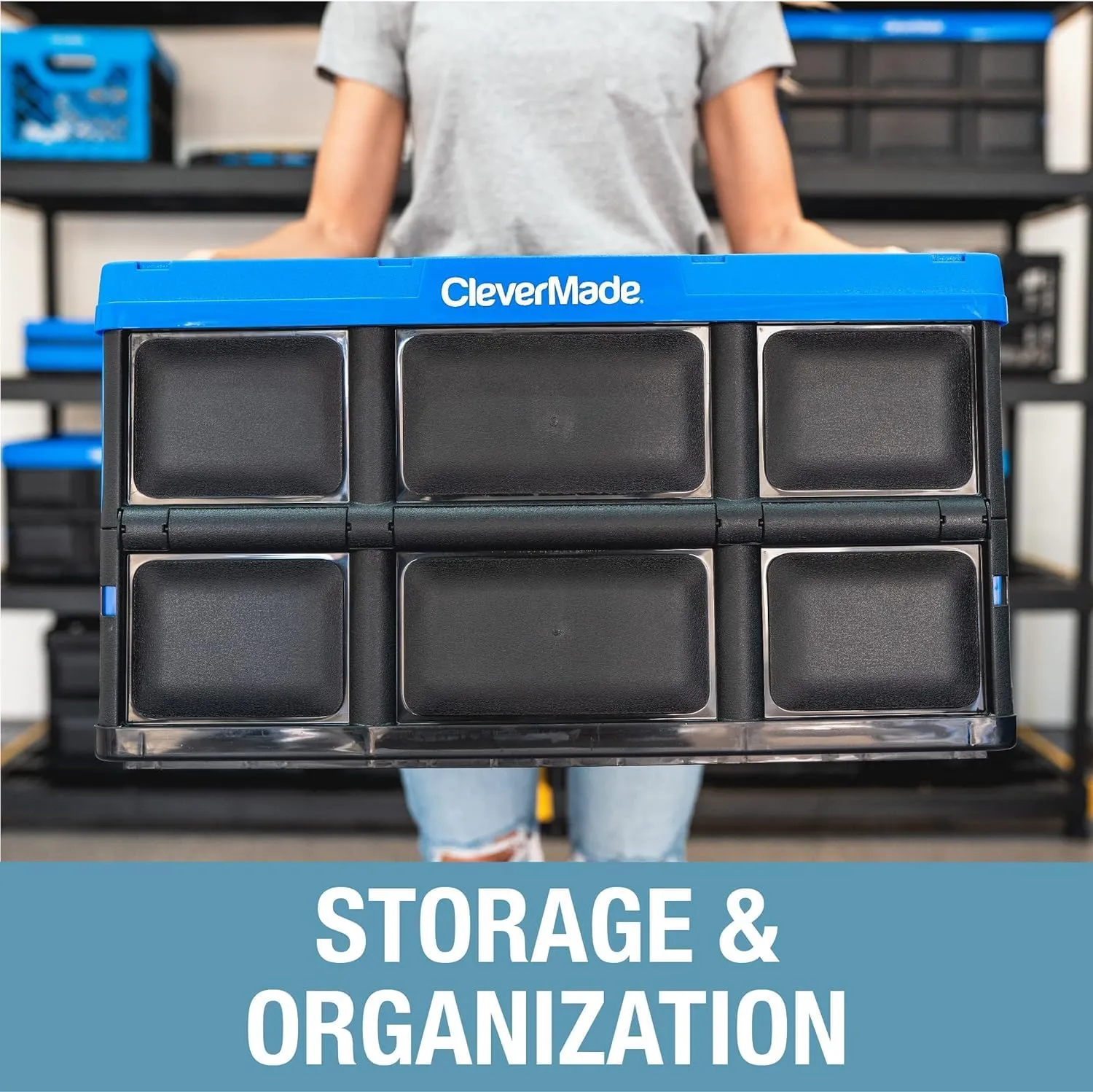 CleverMade Collapsible Storage Bins - Royal Blue 3 Pack 62L - Stackable Containers Heavy Duty Capacity Folding Crates - Space-Saving for Home