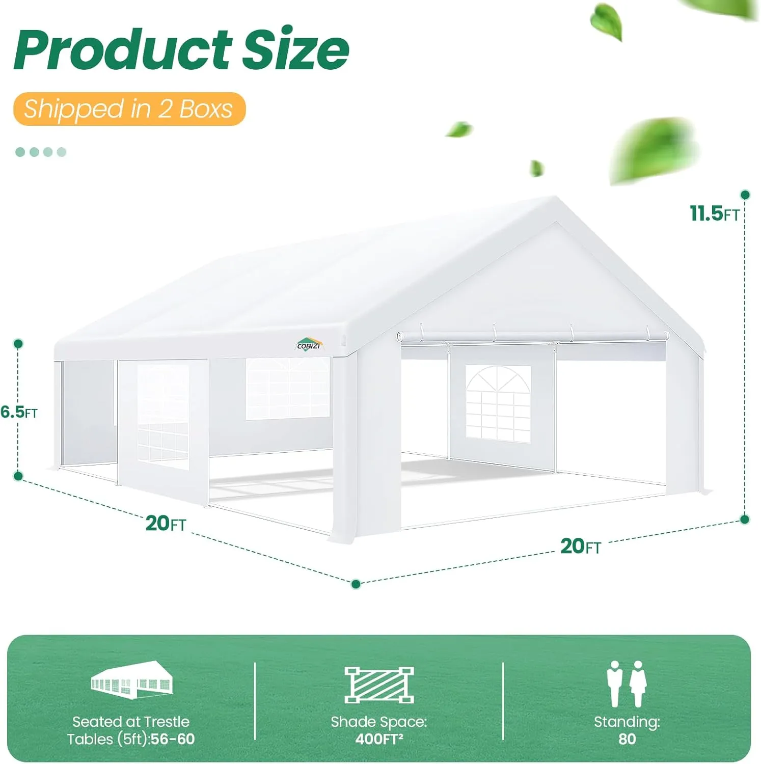 COBIZI Tent for Parties 20x20 Heavy Duty, Party Tents with 4 Removable Sidewalls & 4 Built-in Sandbags, 20x20 Canopy Tent, UV 50 , Waterproof, White