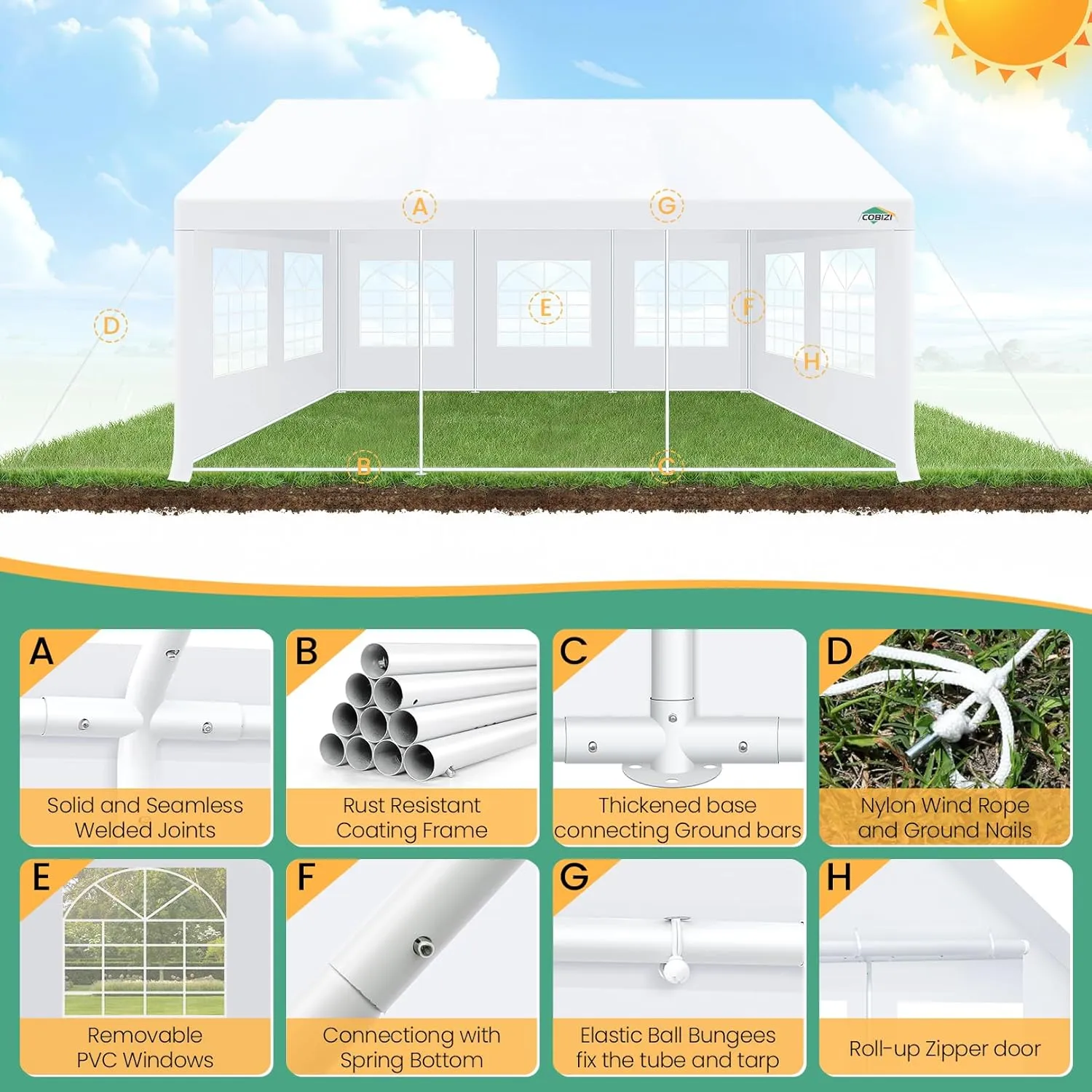 COBIZI Tent for Parties 20x20 Heavy Duty, Party Tents with 4 Removable Sidewalls & 4 Built-in Sandbags, 20x20 Canopy Tent, UV 50 , Waterproof, White