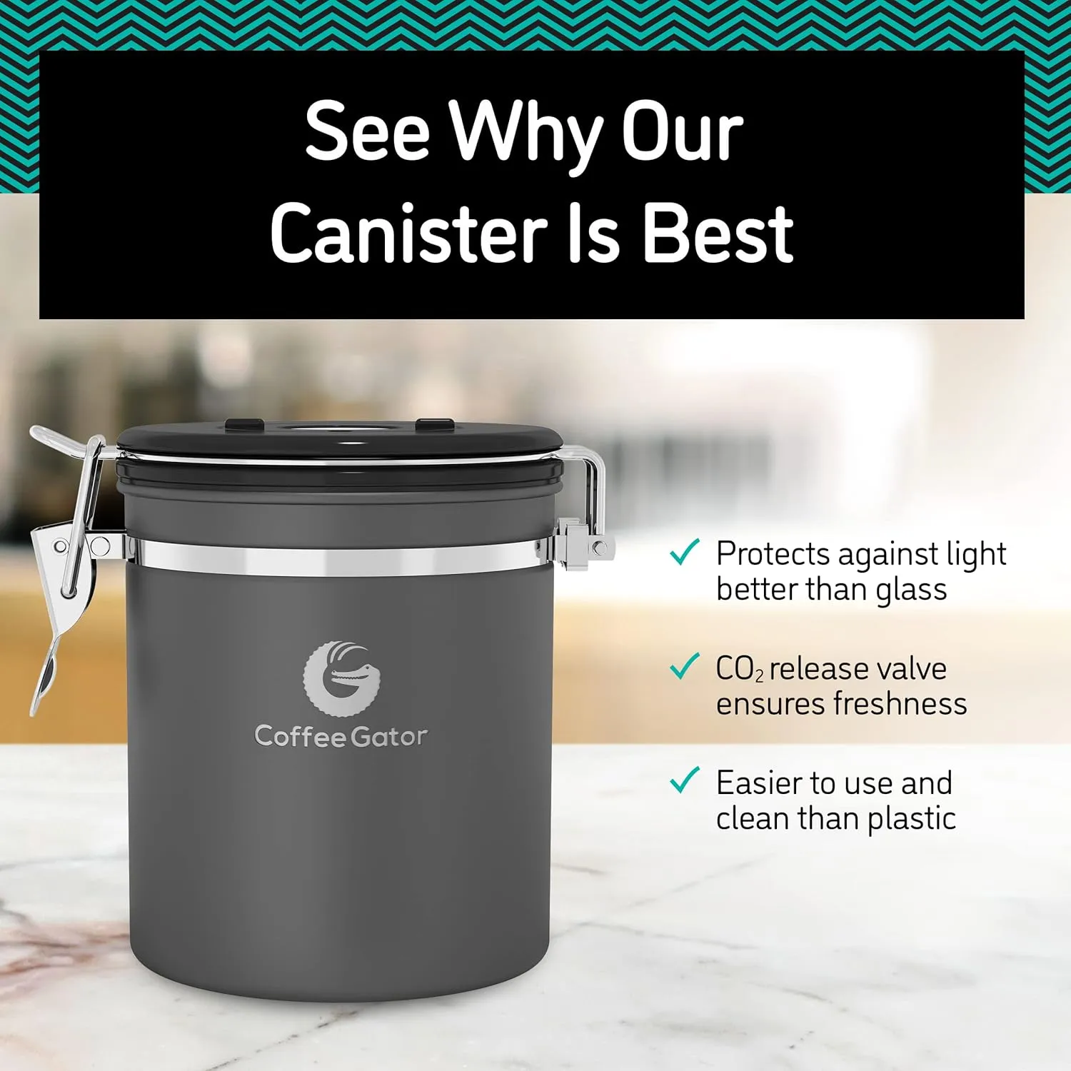 Coffee Canister - Coffee Gator Stainless Steel Coffee Container - Fresher Beans and Grounds for Longer - Date-Tracker, CO2-Release Valve and Measuring Scoop - 2-Pack, Silver/Gray