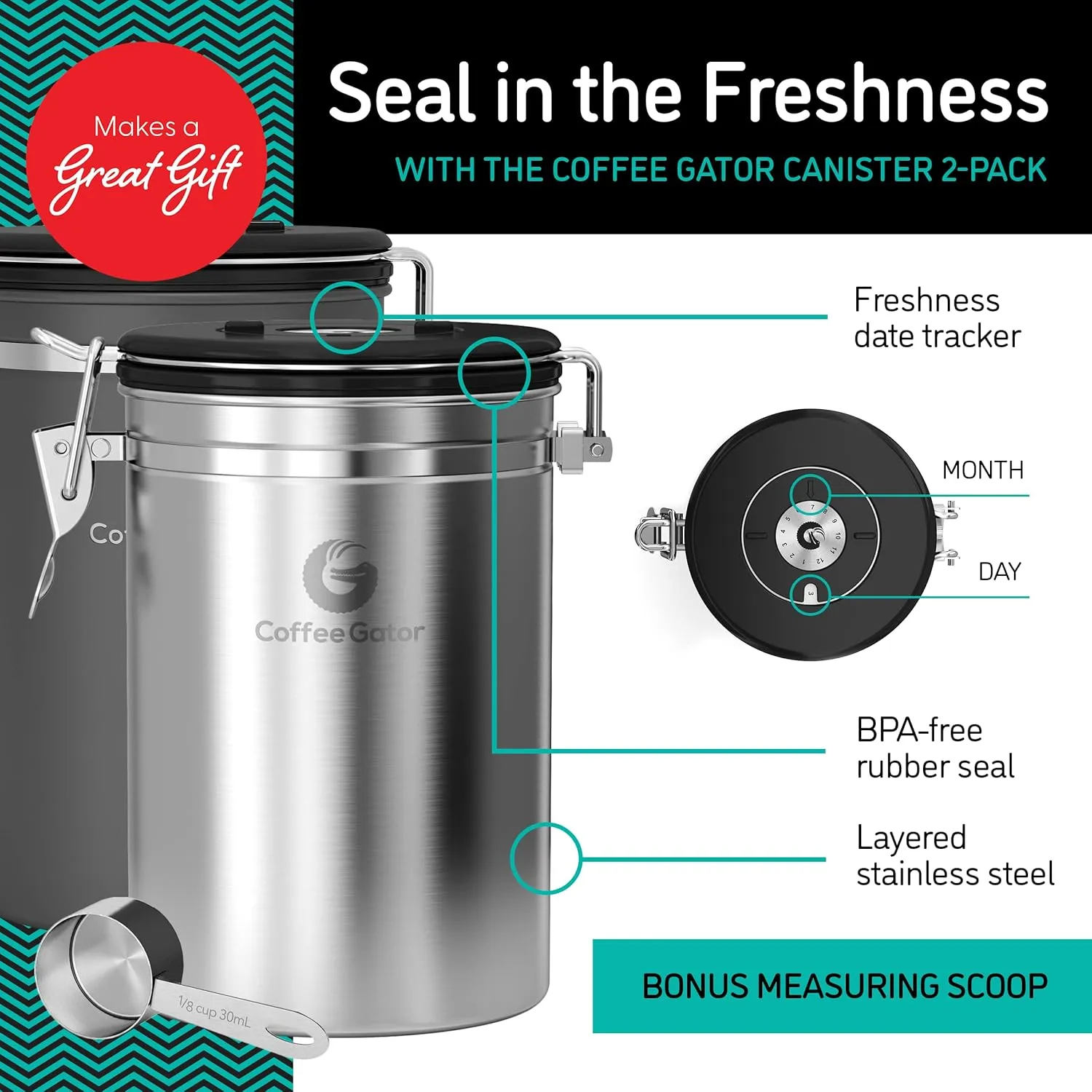 Coffee Canister - Coffee Gator Stainless Steel Coffee Container - Fresher Beans and Grounds for Longer - Date-Tracker, CO2-Release Valve and Measuring Scoop - 2-Pack, Silver/Gray