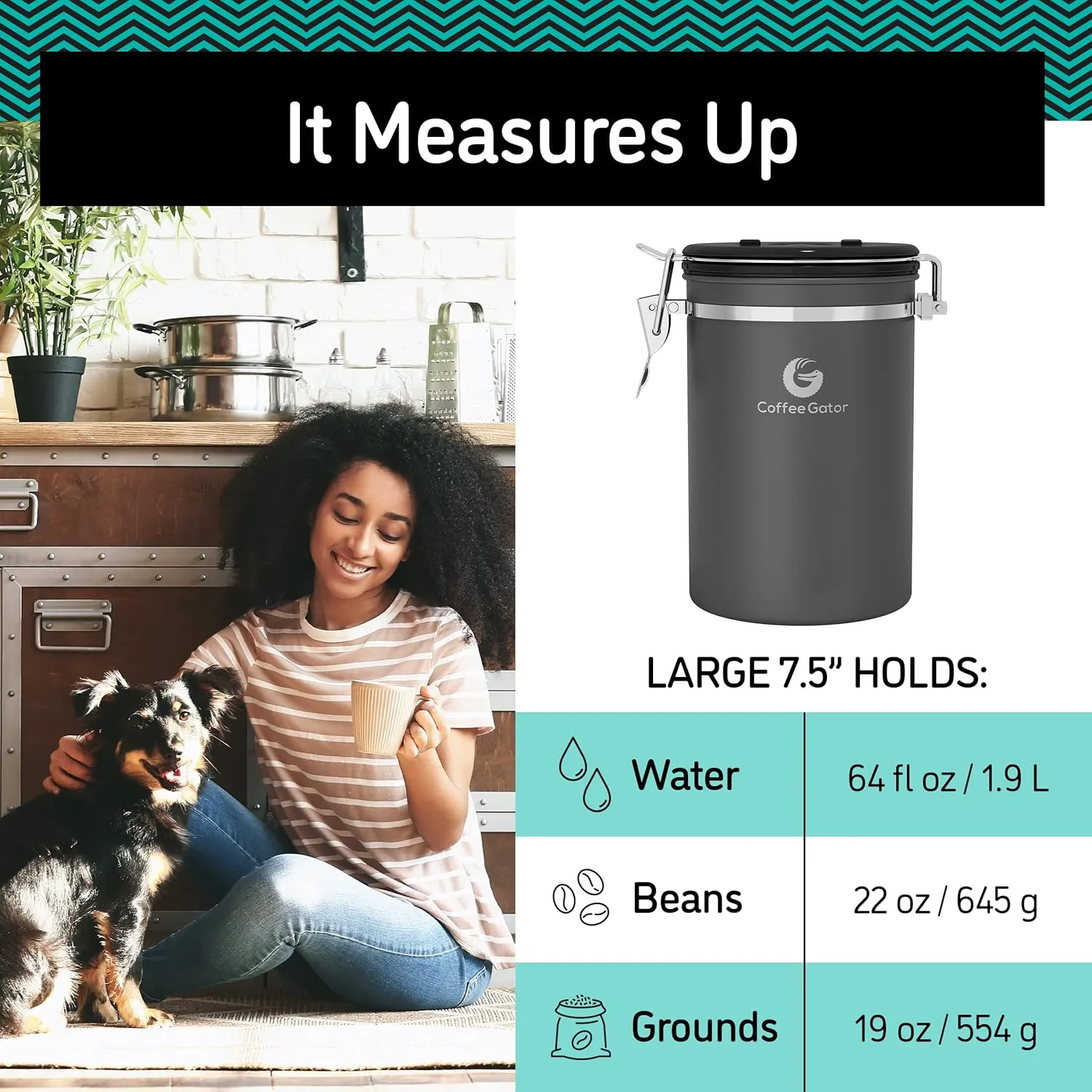 Coffee Canister - Coffee Gator Stainless Steel Coffee Container - Fresher Beans and Grounds for Longer - Date-Tracker, CO2-Release Valve and Measuring Scoop - 2-Pack, Silver/Gray