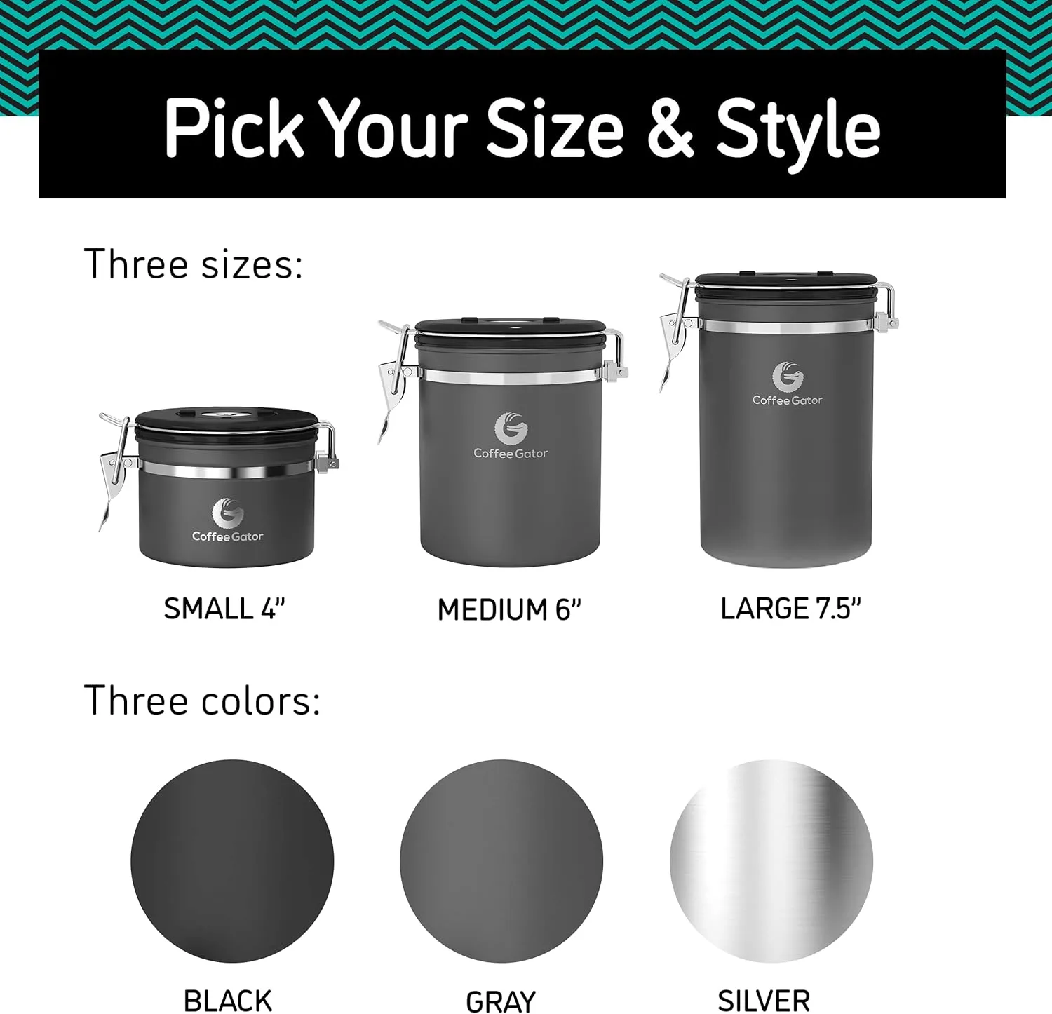 Coffee Canister - Coffee Gator Stainless Steel Coffee Container - Fresher Beans and Grounds for Longer - Date-Tracker, CO2-Release Valve and Measuring Scoop - 2-Pack, Silver/Gray
