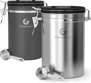 Coffee Canister - Coffee Gator Stainless Steel Coffee Container - Fresher Beans and Grounds for Longer - Date-Tracker, CO2-Release Valve and Measuring Scoop - 2-Pack, Silver/Gray