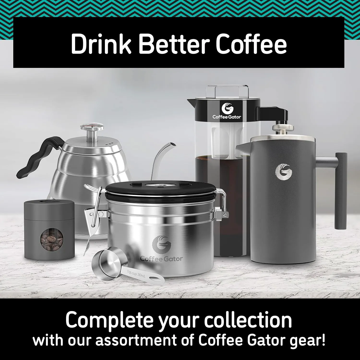 Coffee Canister - Coffee Gator Stainless Steel Coffee Container - Fresher Beans and Grounds for Longer - Date-Tracker, CO2-Release Valve and Measuring Scoop - 2-Pack, Silver/Gray