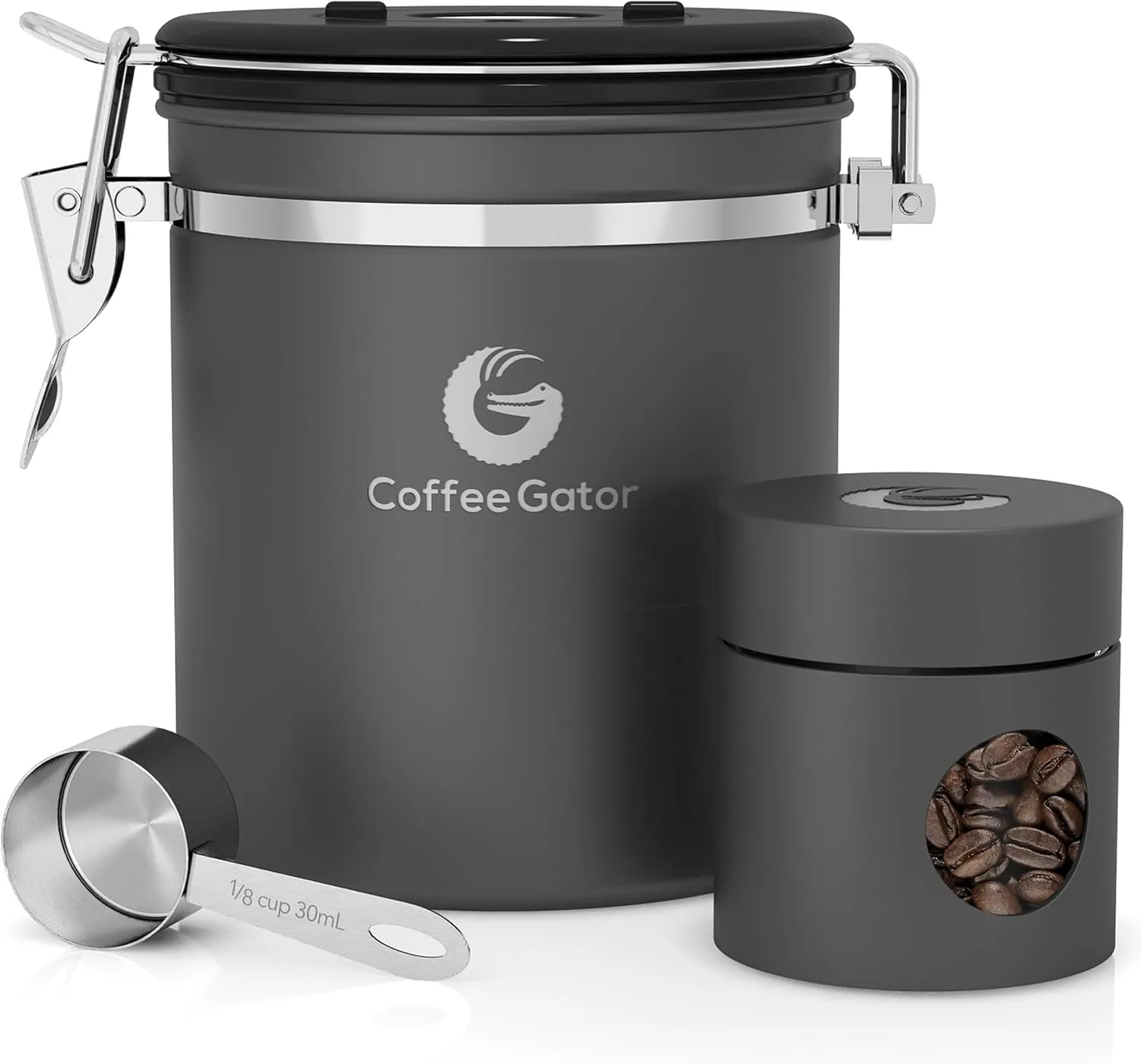 Coffee Gator Coffee Canister - 16oz and 4oz, Airtight Stainless Steel Kitchen Food Storage Container with Date Tracker, Scoop for Grounds Coffee Bar Accessories, Beans,Tea, Sugar, Flour - Gray