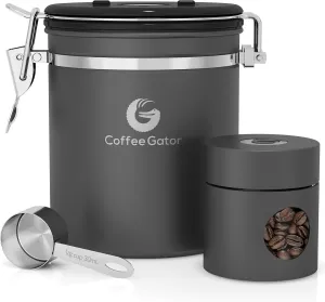 Coffee Gator Coffee Canister - 16oz and 4oz, Airtight Stainless Steel Kitchen Food Storage Container with Date Tracker, Scoop for Grounds Coffee Bar Accessories, Beans,Tea, Sugar, Flour - Gray