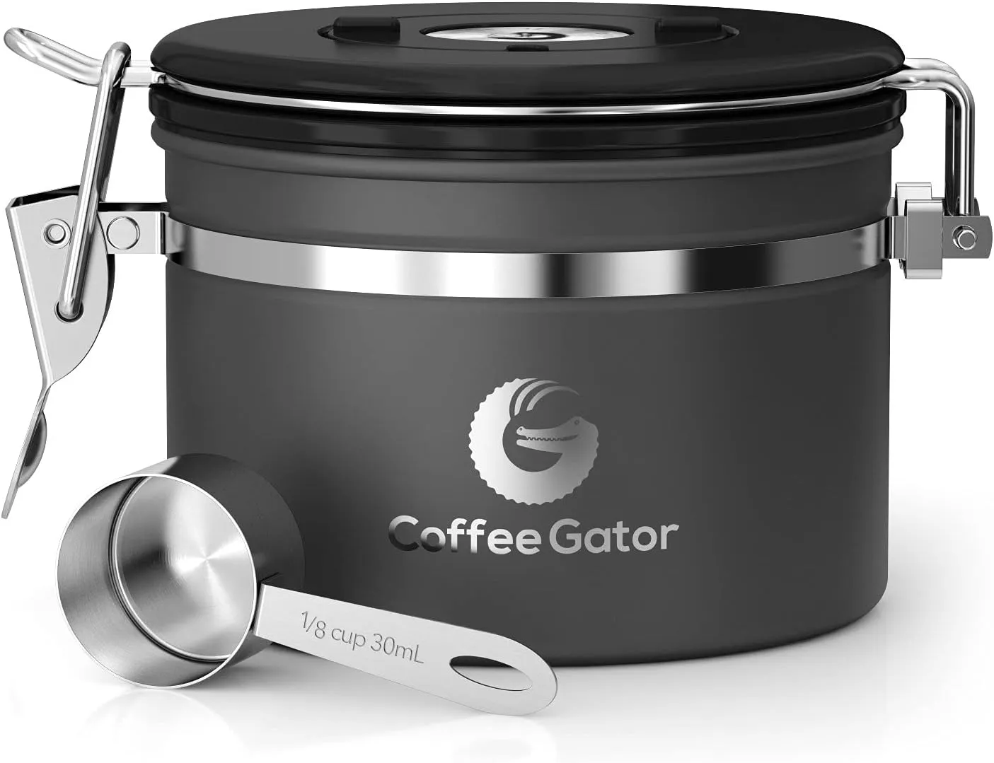 Coffee Gator Stainless Steel Coffee Grounds and Beans Container Canister with Date-Tracker, CO2-Release Valve and Measuring Scoop, Small, Gray