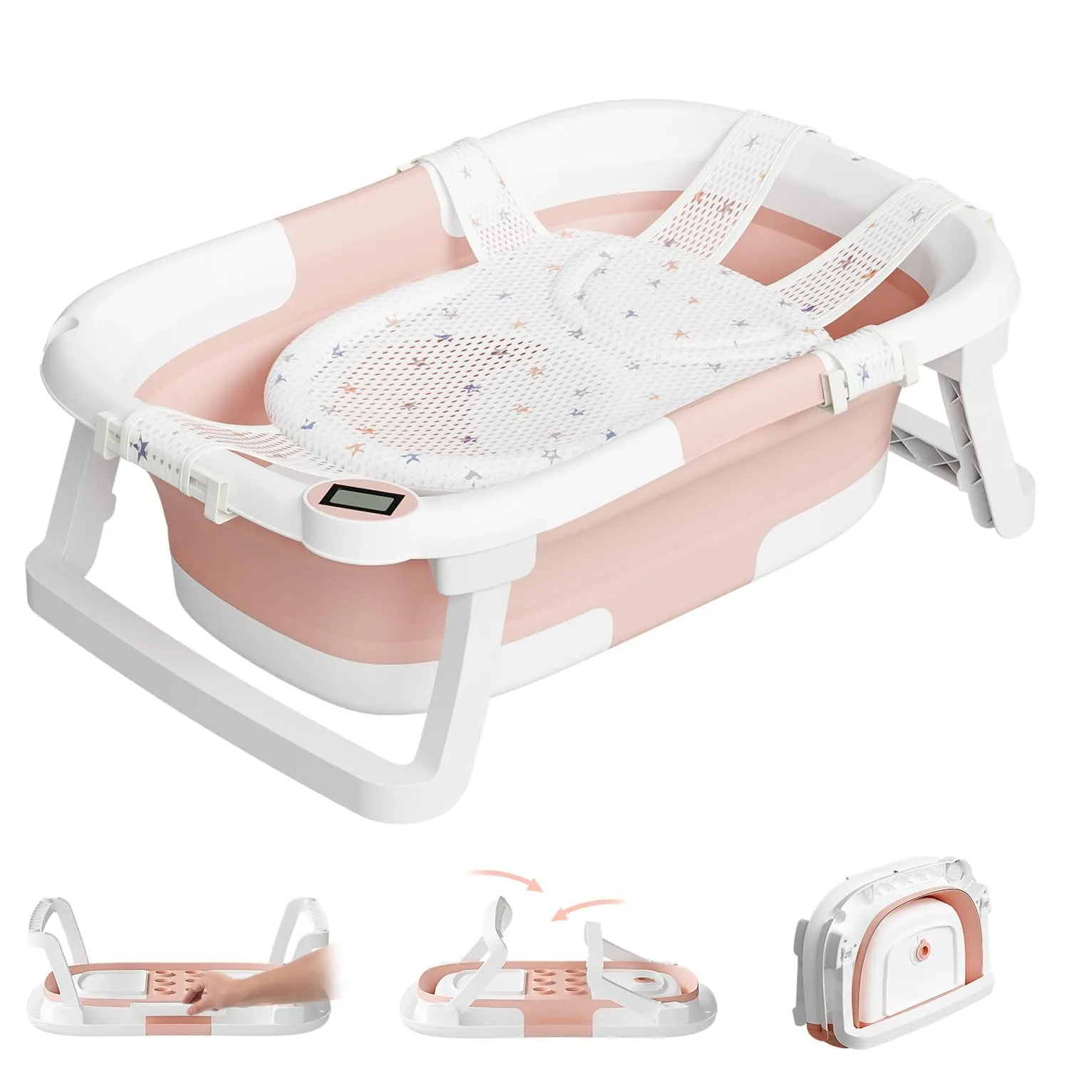 Collapsible Baby Bathtub,Baby Bath Tub with Soft Cushion & Thermometer,Baby Bathtub Newborn to Toddler 0-36 Months,Portable Travel Baby Tub