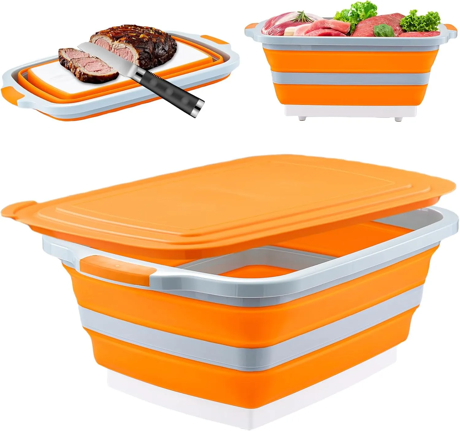 Collapsible BBQ Prep Tub with Cutting Board & Lid – 7.95 Gal / 30L Space-Saving Food Container – BPA-Free Heavy-Duty Plastic, Dishwasher Safe with Drain Hole – Offset Smoker, Backyard & Grilling