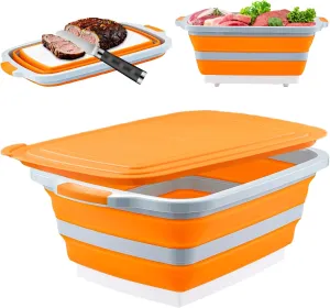 Collapsible BBQ Prep Tub with Cutting Board & Lid – 7.95 Gal / 30L Space-Saving Food Container – BPA-Free Heavy-Duty Plastic, Dishwasher Safe with Drain Hole – Offset Smoker, Backyard & Grilling