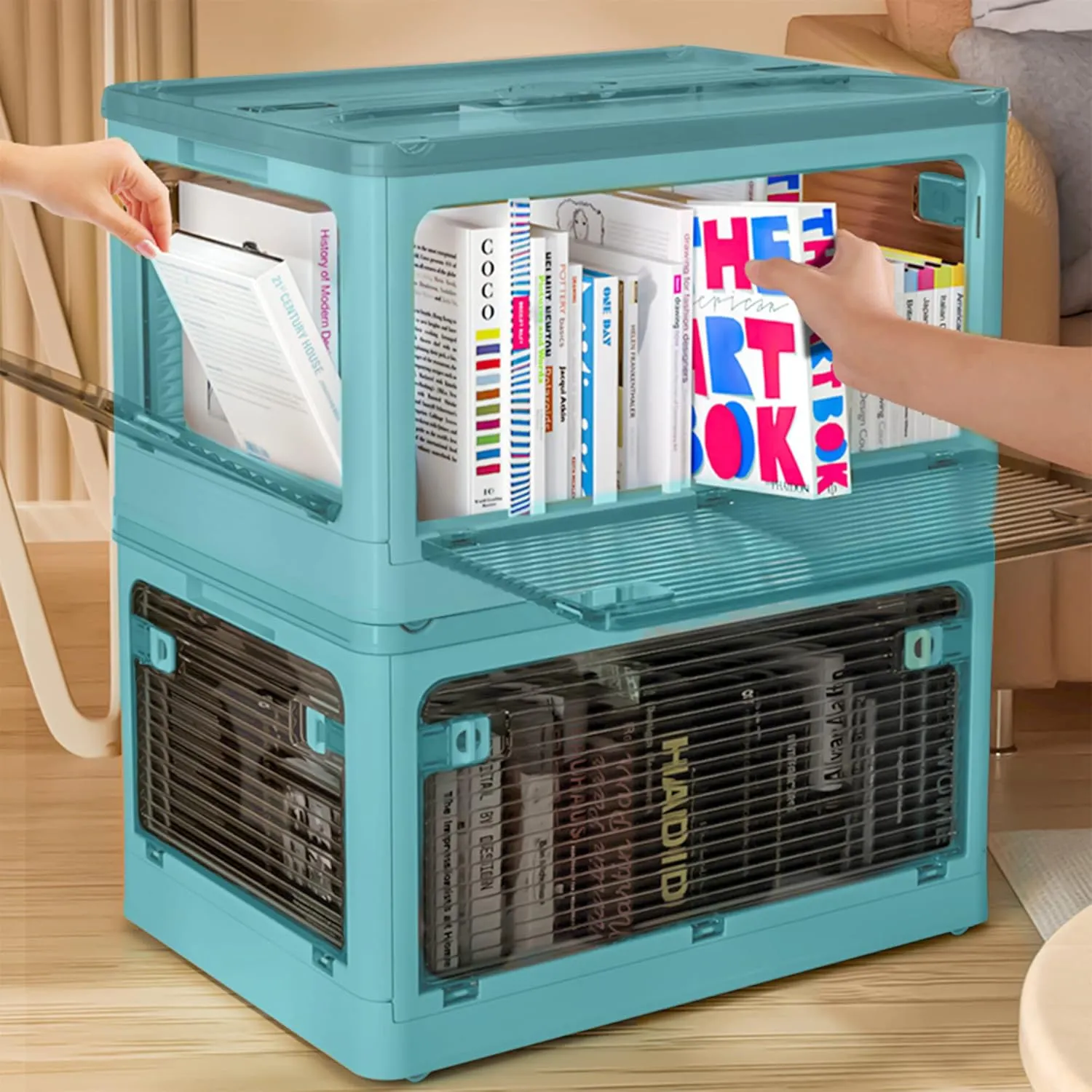 Collapsible Storage Bins,Storage Bins with Lids,Stackable 8.2Gal Folding Storage Box (8.2 Gal, Blue 2 Pack)