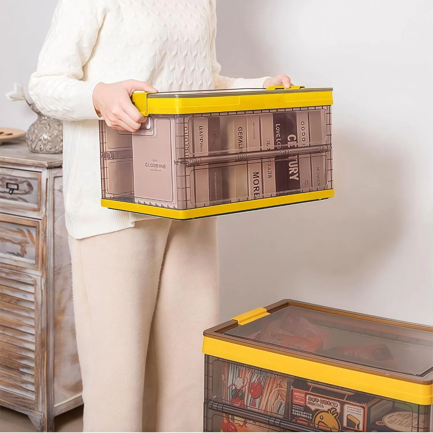 Collapsible Storage Container with Lid and Latches, Clear Stackable Plastic Tote Bin with Handles for Clothes, Sweater, Blanket (Yellow, 7 Gal)