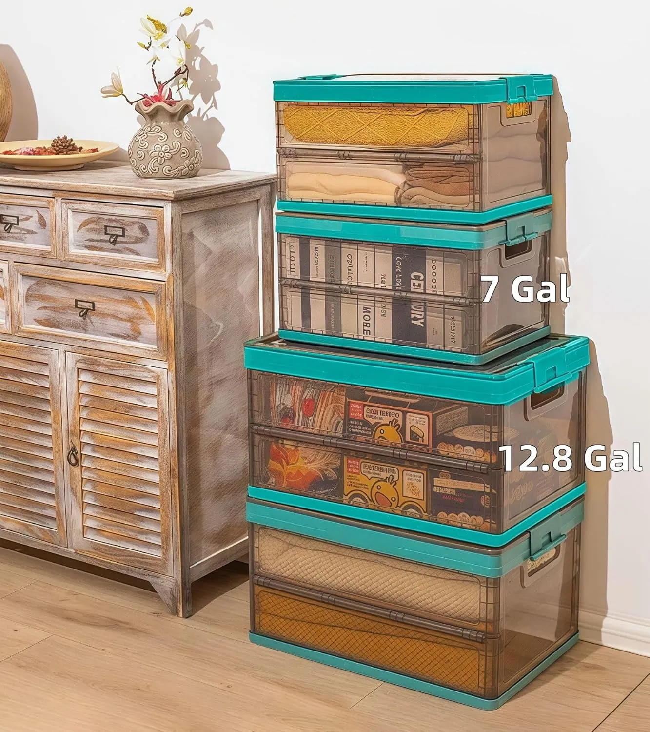 Collapsible Storage Container with Lid, Clear Stackable Plastic Tote, 7 Gal Closet Organizers Bin for Clothes, Sweater, Blanket (Green, Large)
