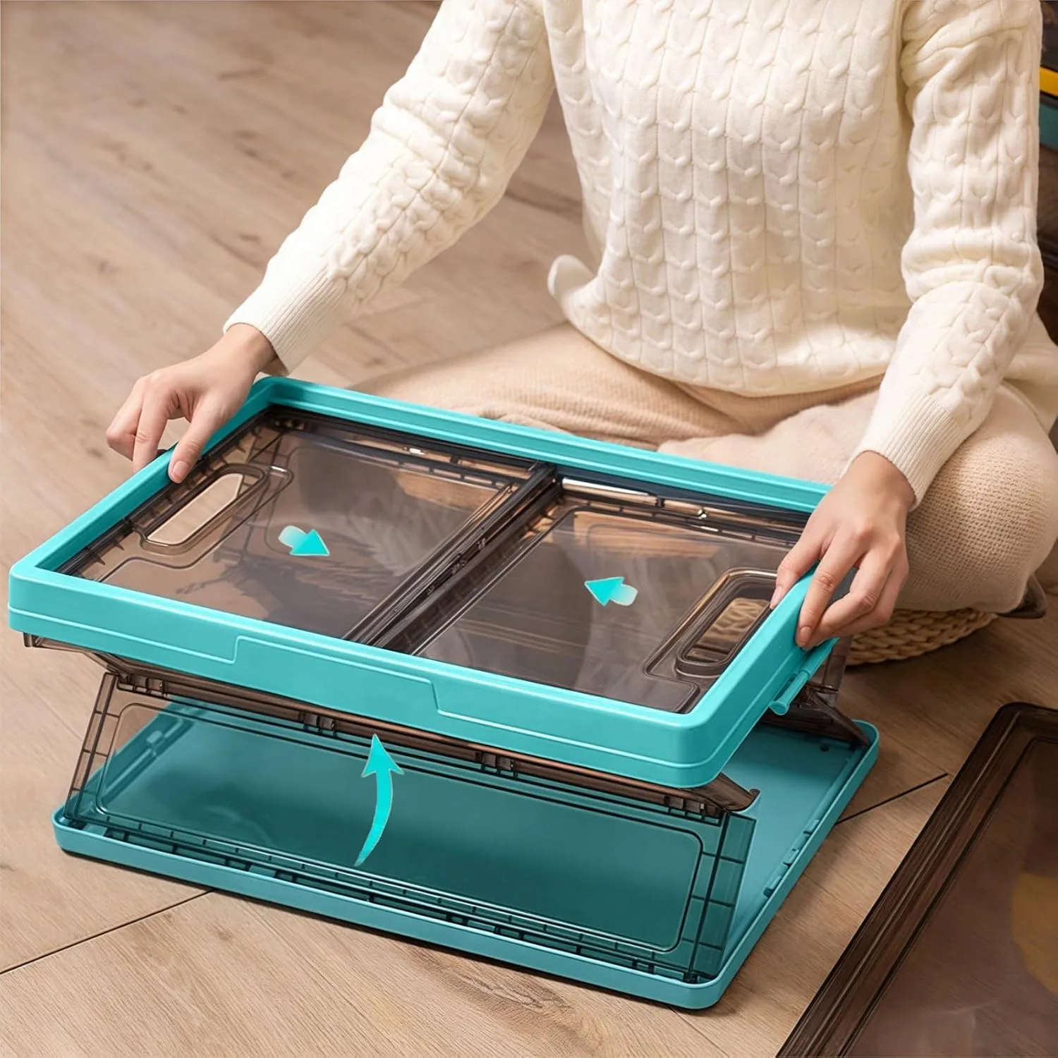 Collapsible Storage Container with Lid, Clear Stackable Plastic Tote, 7 Gal Closet Organizers Bin for Clothes, Sweater, Blanket (Green, Large)