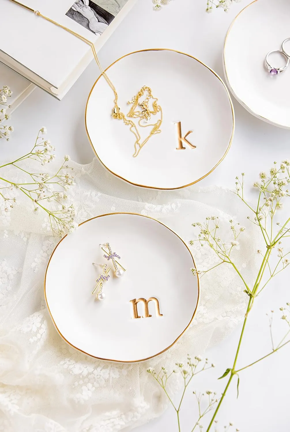 COLLECTIVE HOME - Ceramic Jewelry Tray, Decorative Trinket Dish for Rings Earrings Necklaces Bracelet Watch Keys, Birthday Mother's Day for Women, 4.75", White Surface (K)