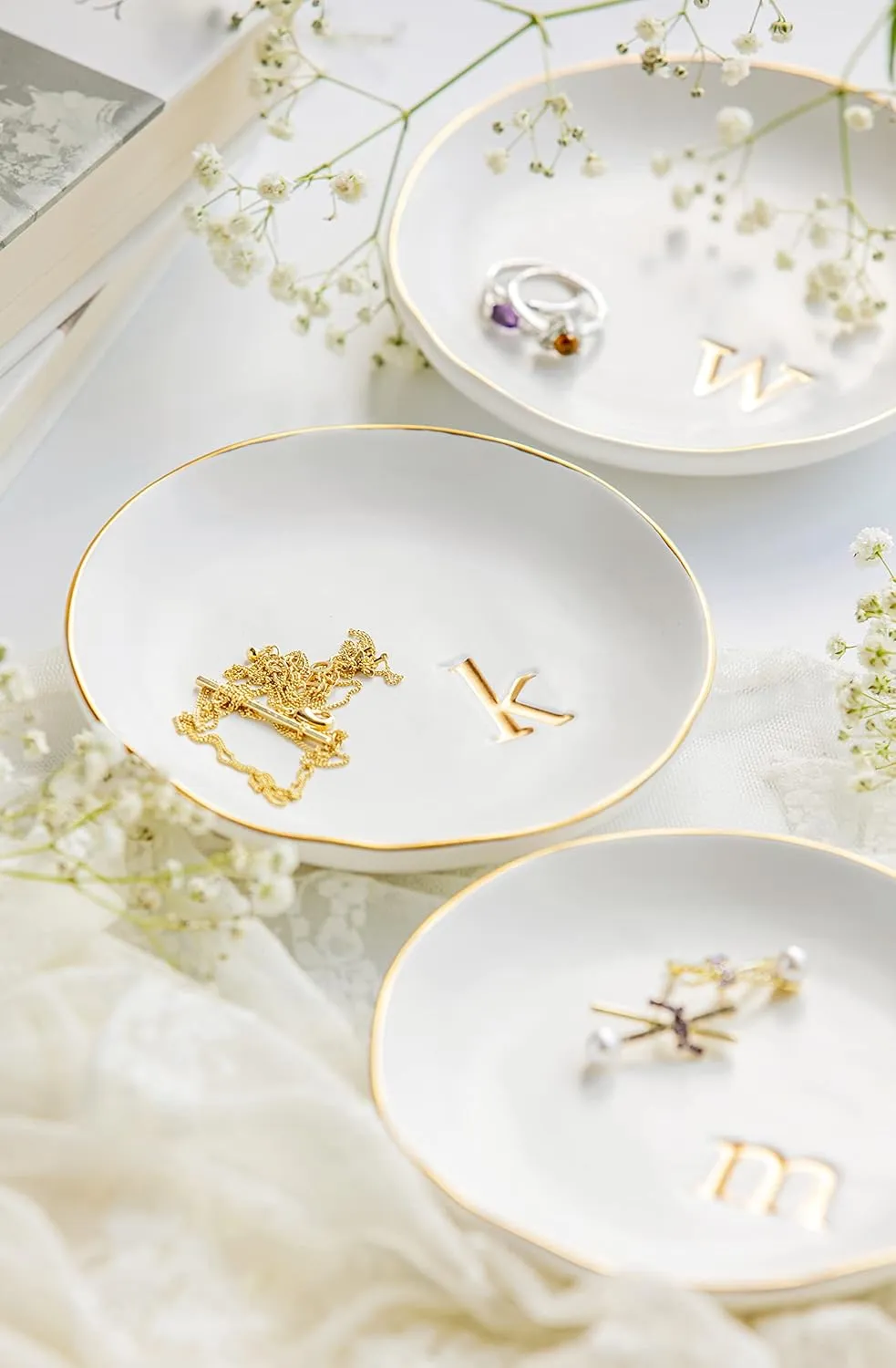 COLLECTIVE HOME - Ceramic Jewelry Tray, Decorative Trinket Dish for Rings Earrings Necklaces Bracelet Watch Keys, Birthday Mother's Day for Women, 4.75", White Surface (V)