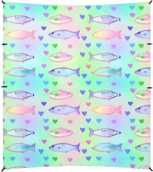 Colorful Fishes Psychedelic Foldable Beach Canopy UPF50  Protection Easy Setup Sun Shelter Includes Sand Shovel, Sandbags, Stability Poles for Backyard, Grassland, Park
