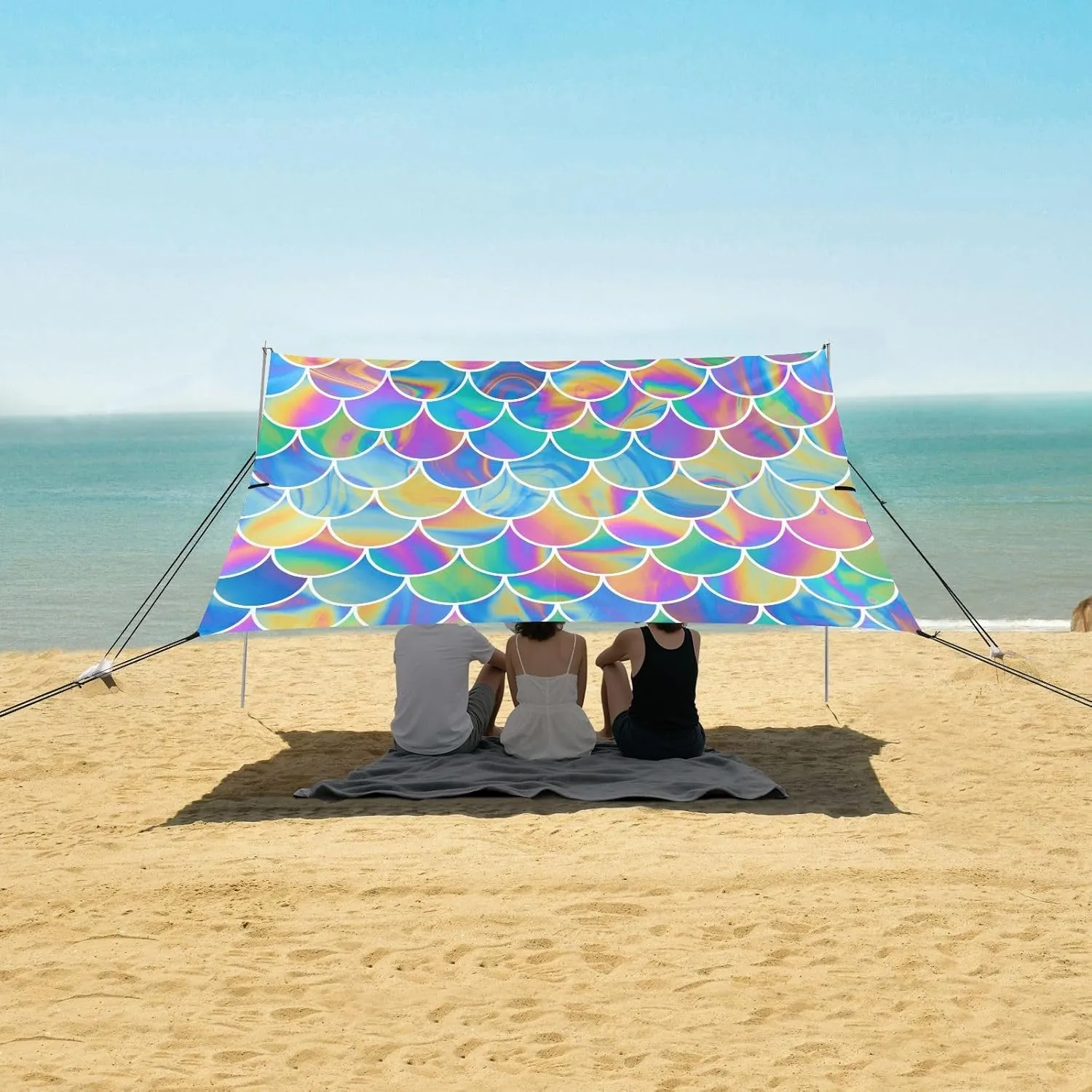Colorful Scale Summer Beach Canopy Tent Anti-UV & Wind Resistant, Bulingling Camping Sun Shelter Easy Setup Portable,Outdoor Shade Tents with Sandbags,Sand Shovels,Ground Pegs & Stability Poles