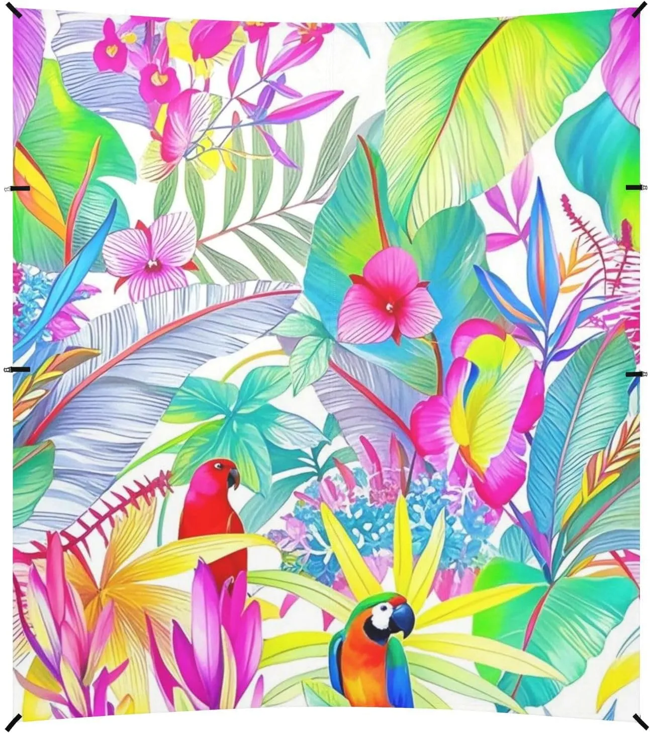 Colorful Tropical Parrot Flowers Foldable Beach Canopy UPF50 Water-Resistant Sun Shade with Sand Shovel, Sandbags for Camping Trips, Fishing, Backyard Fun or Picnics