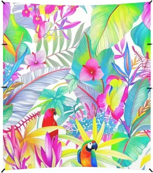 Colorful Tropical Parrot Flowers Foldable Beach Canopy UPF50 Water-Resistant Sun Shade with Sand Shovel, Sandbags for Camping Trips, Fishing, Backyard Fun or Picnics