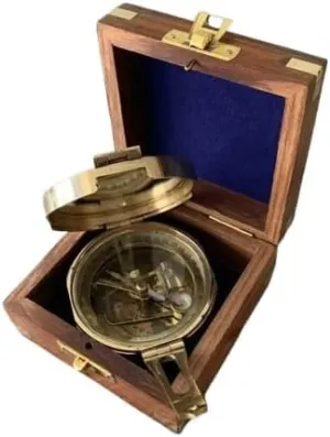 Compass 100% Working Brass Pocket Transit Compass with Wooden Box