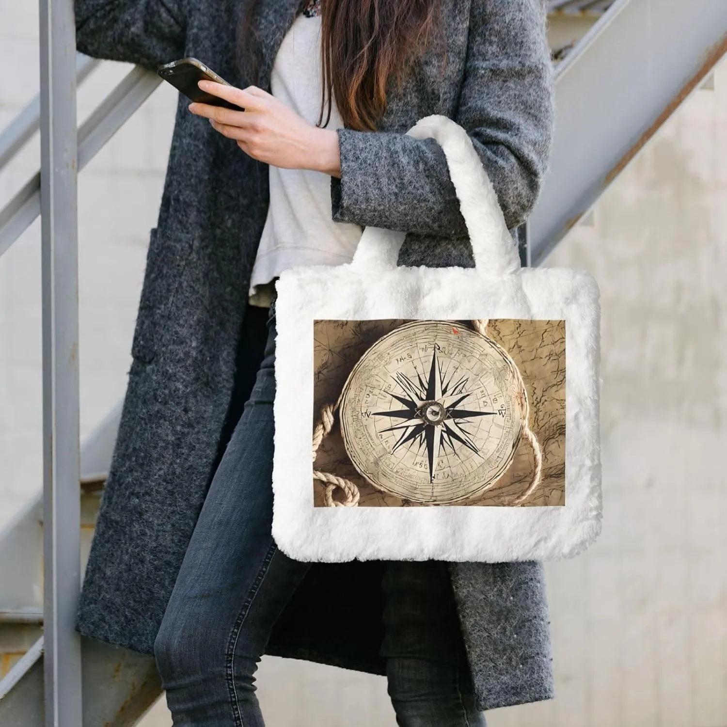 Compass Map Nautical Plush Handbag, Comfortable Touch, Stylish And Compact, Suitable For Daily Travel