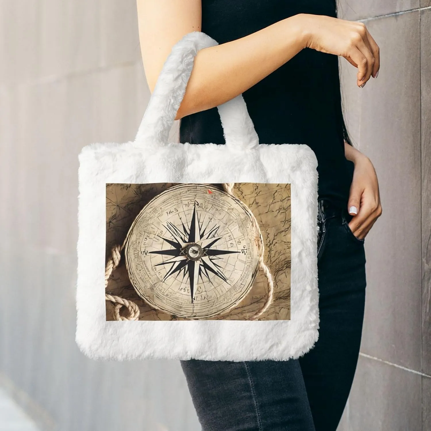 Compass Map Nautical Plush Handbag, Comfortable Touch, Stylish And Compact, Suitable For Daily Travel