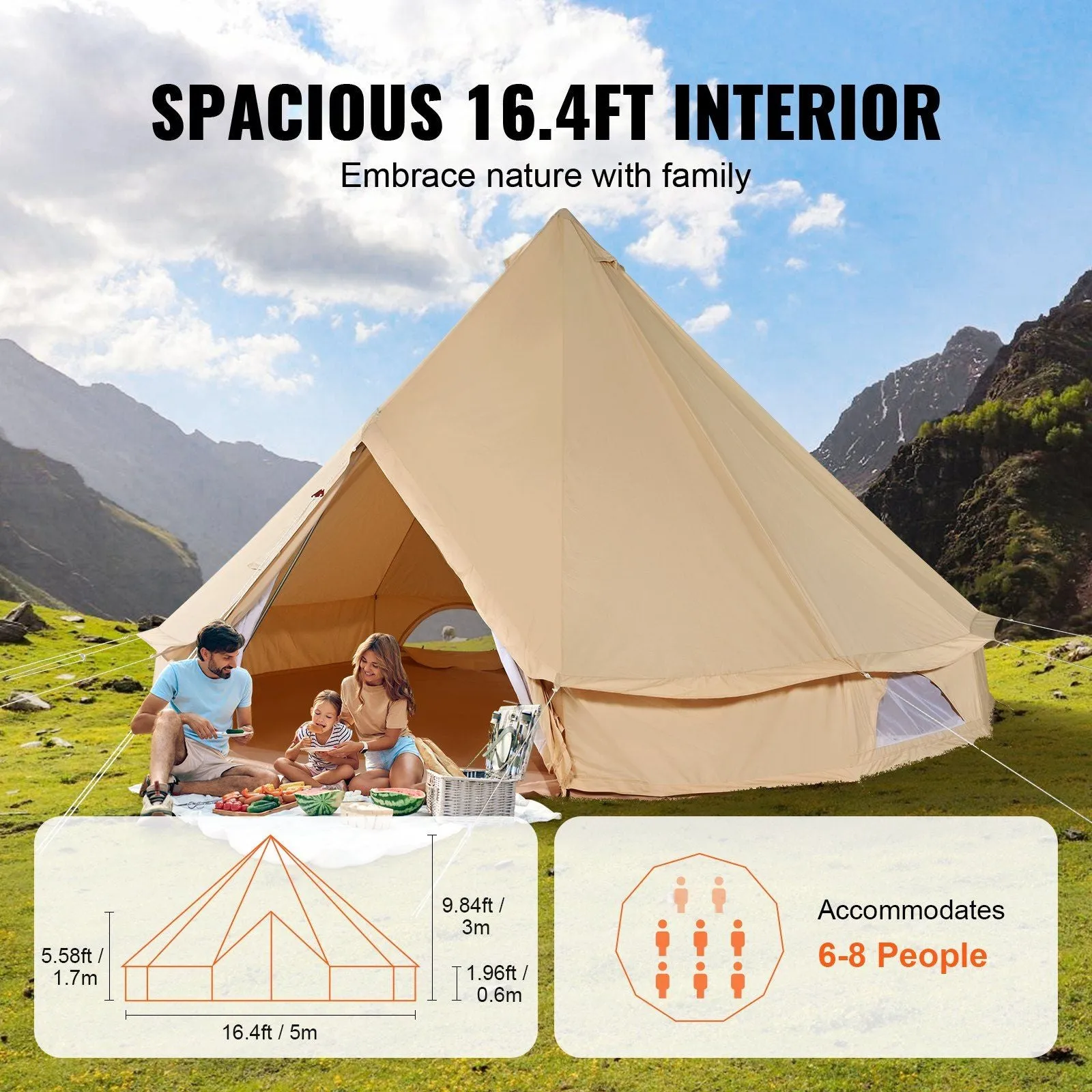 Complete catalog for Wall Jack Yurt VEVOR Hassle-free "(Diameter Bell Tent, Side Detachable Family Person Tent and Canvas with Waterproof 8-10 Breathable Camping,16'x16'x118 Stove Glamping 5M)