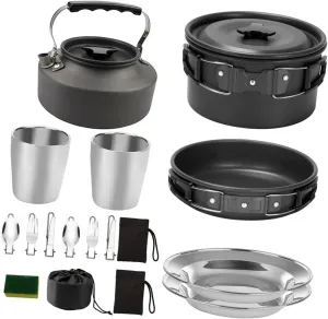 Complete Outdoor Cooking Kit Camping Cookware Set Portable Teapot Cooking Utensils Aluminum Knife Fork Spoon for 2-3 People Picnic Outdoor Activities