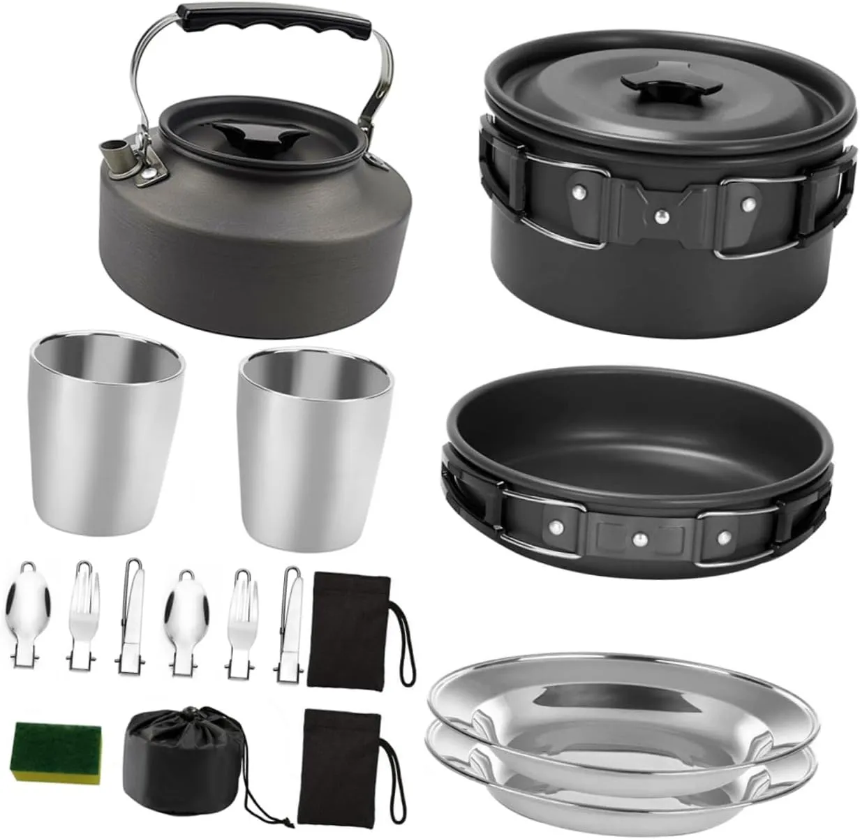 Complete Outdoor Cooking Kit Camping Cookware Set Portable Teapot Cooking Utensils Aluminum Knife Fork Spoon for 2-3 People Picnic Outdoor Activities