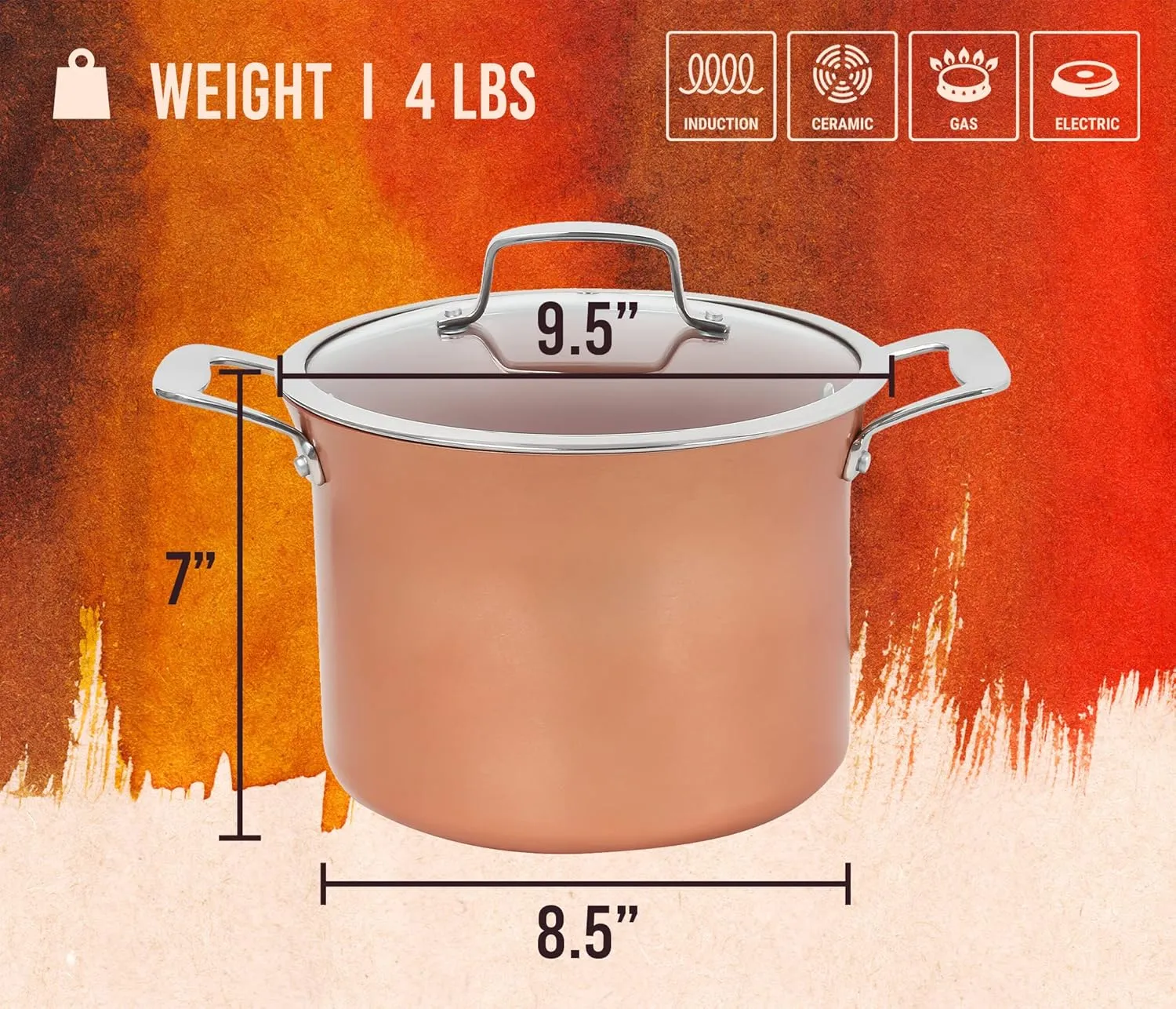 CONCORD 7 QT Copper Non Stick Stock Pot Casserole Coppe-Ramic Series Cookware (Induction Compatible)