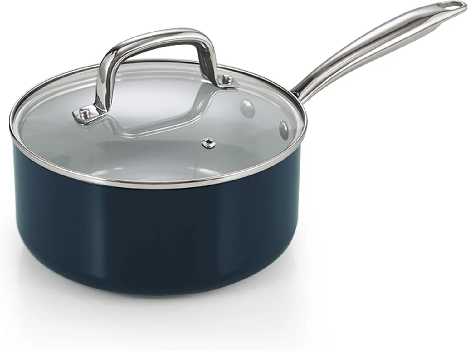 Cook N Home Nonstick Sauce Pan with Glass Lid, 3-Quart Small Saucepan Hard Anodized Non Stick Ceramic Cookware, Induction Cooking Pots and Pans with Stay-Cool Handles, Cacerola, Blue