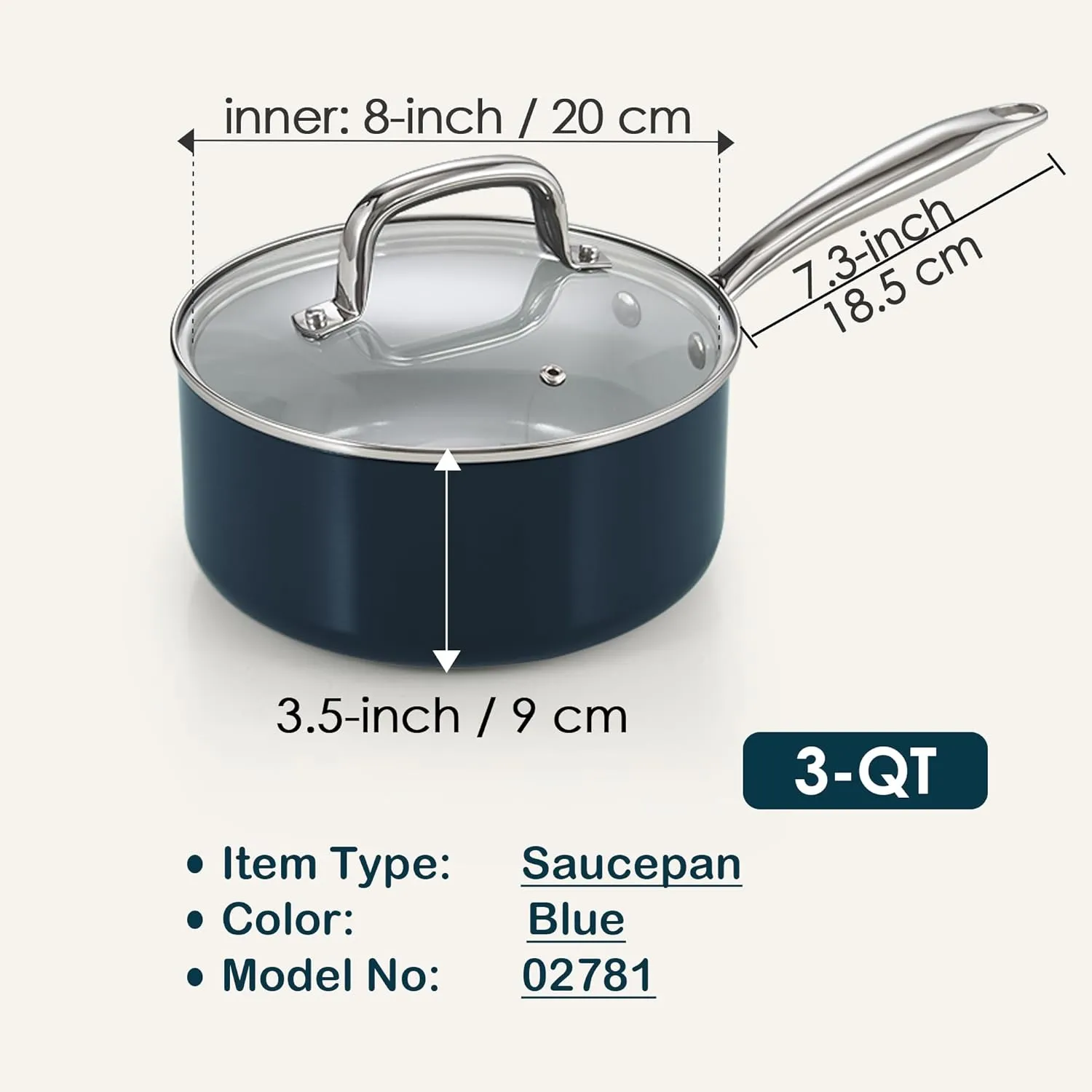Cook N Home Nonstick Sauce Pan with Glass Lid, 3-Quart Small Saucepan Hard Anodized Non Stick Ceramic Cookware, Induction Cooking Pots and Pans with Stay-Cool Handles, Cacerola, Blue