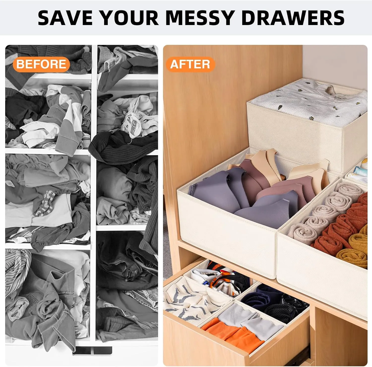 Criusia Closet Drawer Organizer Clothes, 15 Pack Dresser Organizer for Baby Clothes, Fabric Drawer Dividers for Nursery Bedroom (Beige)
