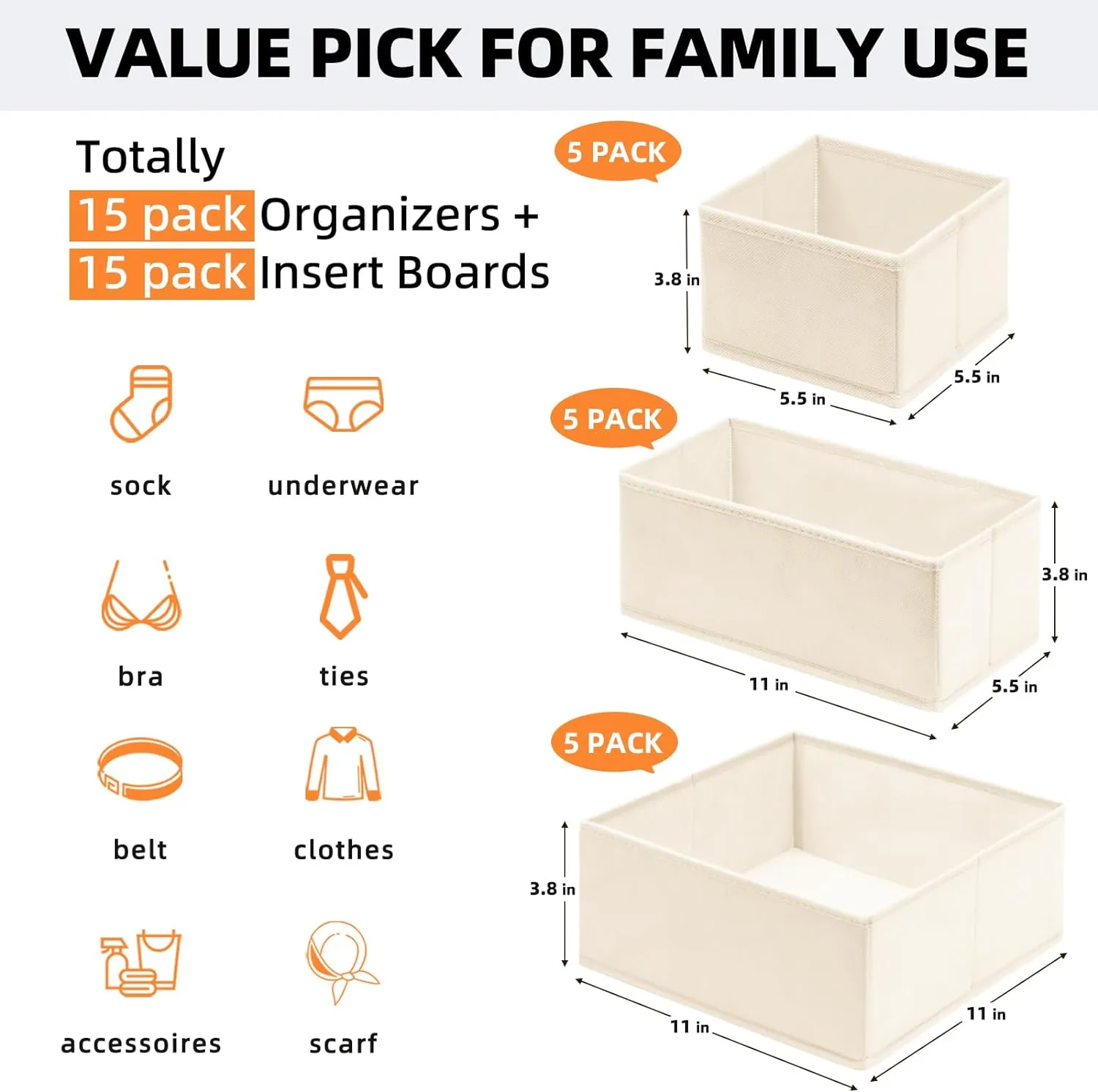 Criusia Closet Drawer Organizer Clothes, 15 Pack Dresser Organizer for Baby Clothes, Fabric Drawer Dividers for Nursery Bedroom (Beige)