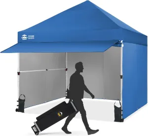CROWN SHADES 10x10 Commercial Pop Up Canopy Tent with 4 Removable Sidewalls, 1 Extended Awning, 2 4" Wheels,4 Sandbags, 1 400D Fabric Top, 4 Adjustable Heights for Outdoor Events, Parties, Blue