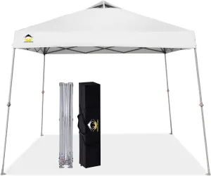CROWN SHADES 9x9 Pop Up Canopy Tent Slanted Legs for Added Stability - Beach Tent Sun Shelter for Outdoor Shades - Canopy with 11x11 Base, with Carry Bag, White