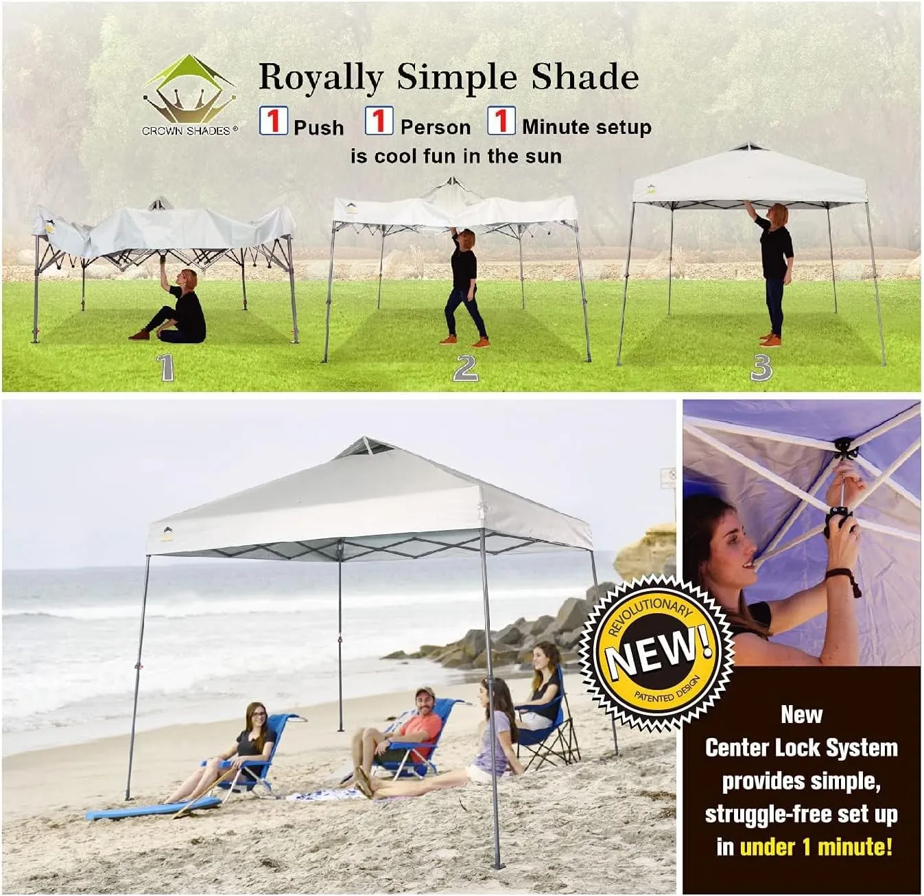 CROWN SHADES 9x9 Pop Up Canopy Tent Slanted Legs for Added Stability - Beach Tent Sun Shelter for Outdoor Shades - Canopy with 11x11 Base, with Carry Bag, White