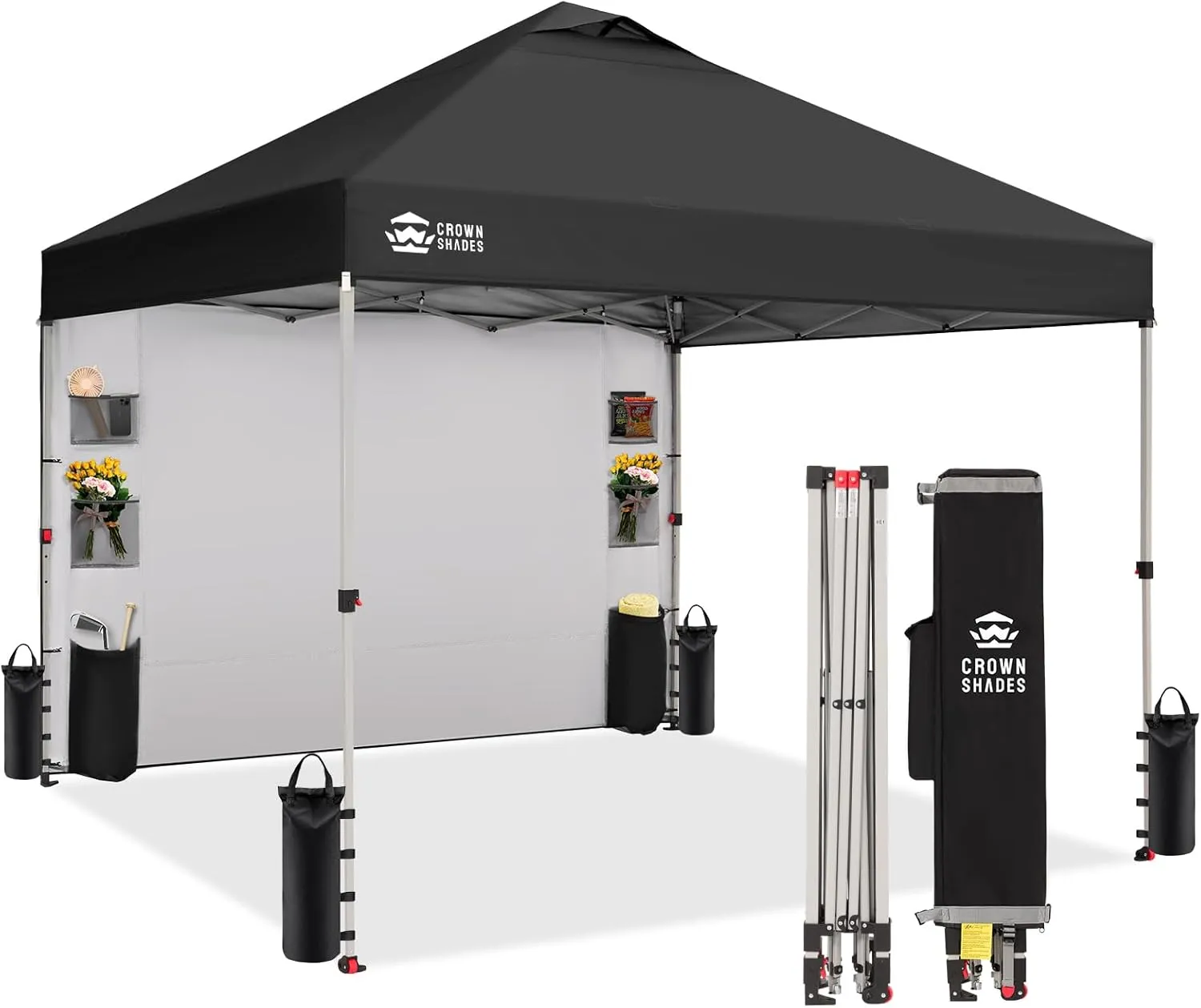 CROWN SHADES Canopy Tent, 10 x 10 Foot Portable Pop Up Outdoor Shelter with Pocket Sidewall, Push Center Lock, UV Protection, and Carry Bag, Black