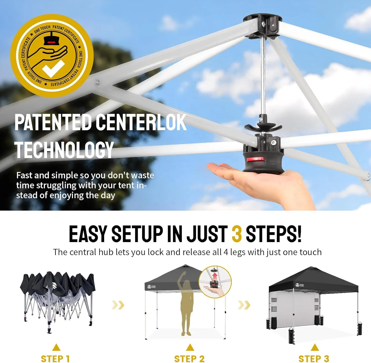 CROWN SHADES Canopy Tent, 10 x 10 Foot Portable Pop Up Outdoor Shelter with Pocket Sidewall, Push Center Lock, UV Protection, and Carry Bag, Black